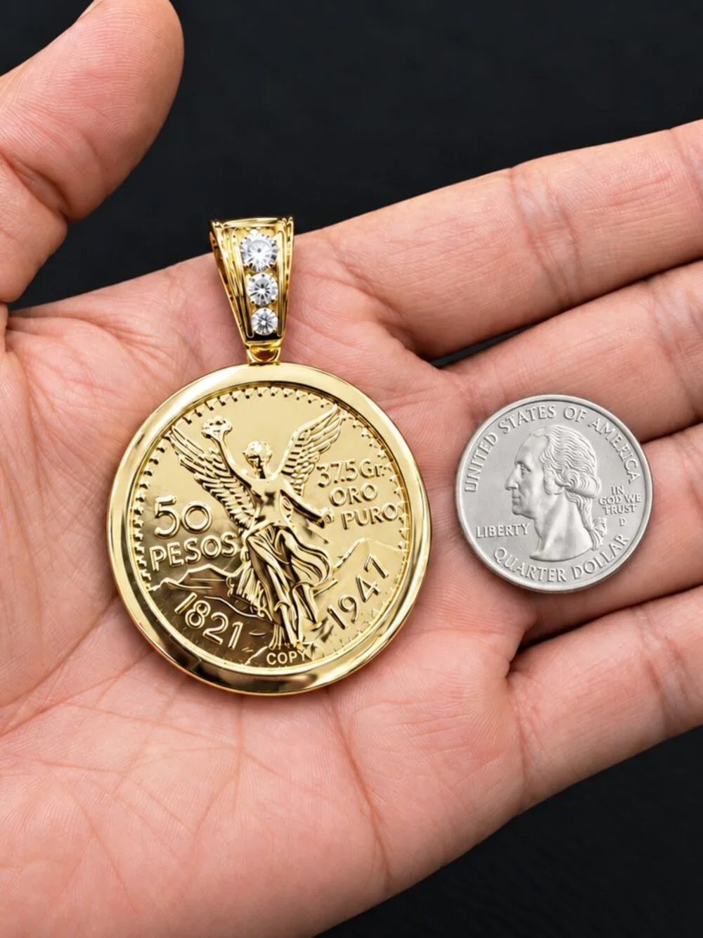 14k Yellow Gold Plated AAACubic Zirconia Mexican Centenario 50 Peso Coin Pendant